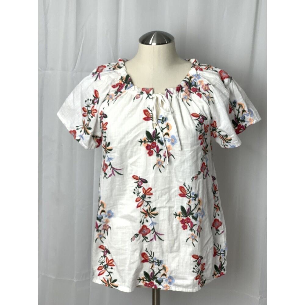 Dylan Floral Embroidered Peasant Boho Short Sleeve Blouse Tassel XS Cottagecore
